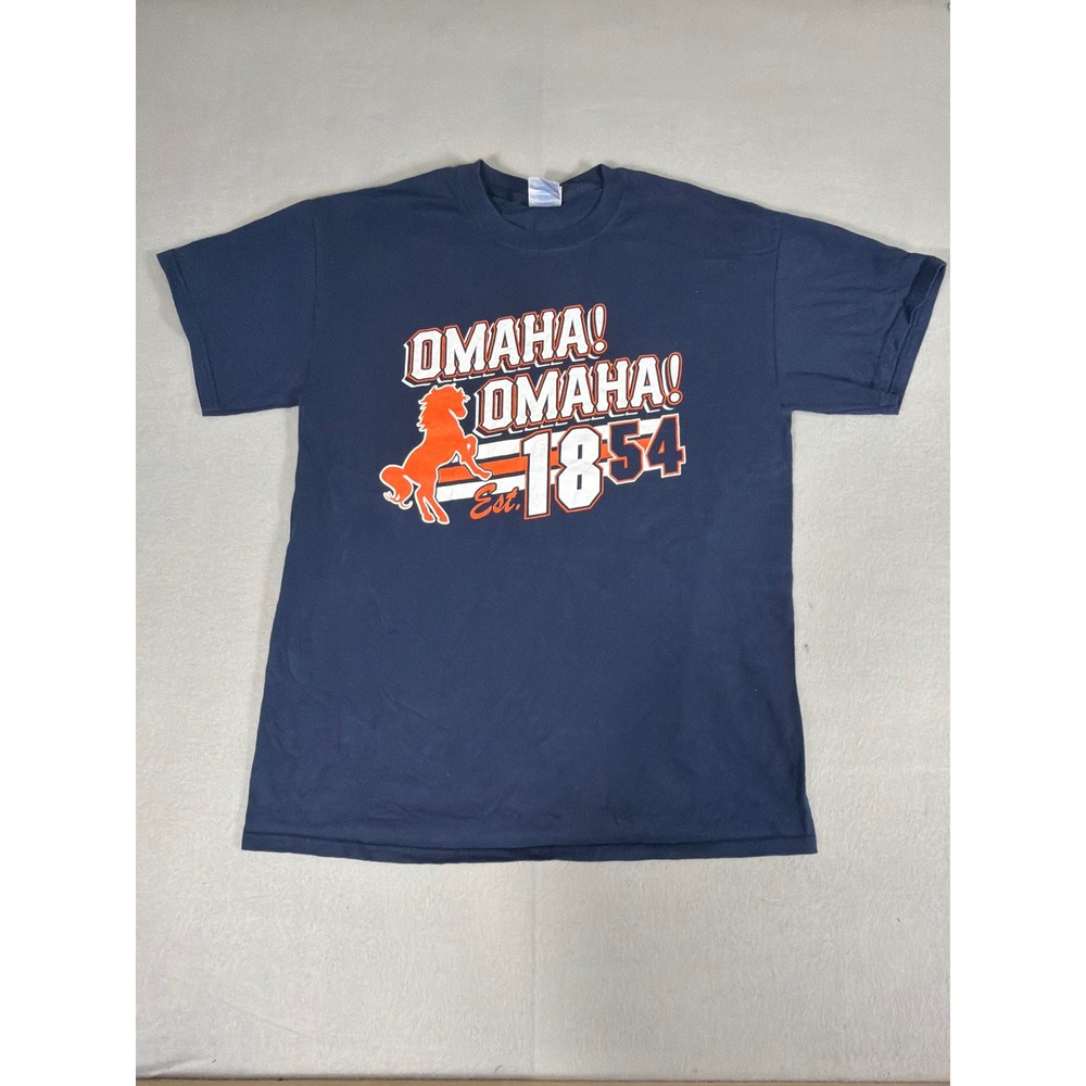 Gildan Omaha Nebraska Est 1854 Navy Blue Graphic T-Shirt Mens Medium Horse